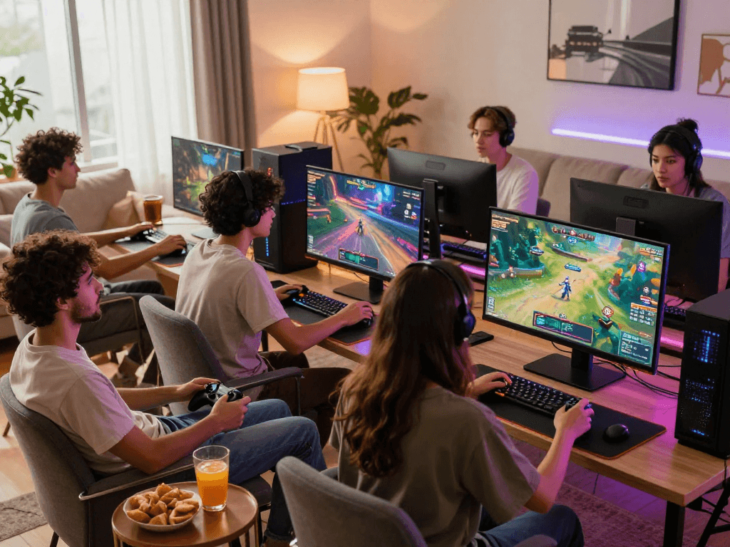 Players enjoying thrilling html porn games in a cozy gaming setup with vibrant lighting.