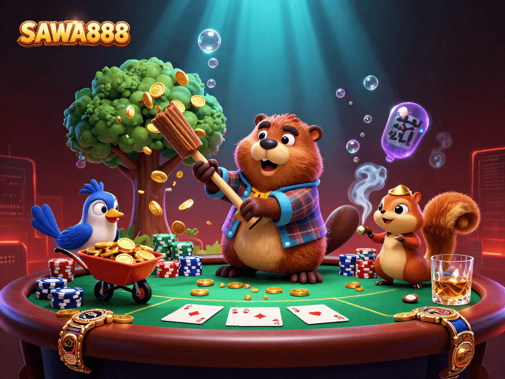 SAWA888 engages players with gold coins raining down as a playful beaver chops a tree in a dynamic casino scene.