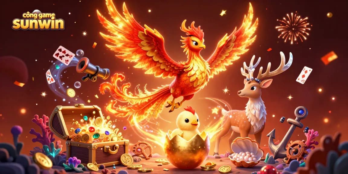 Experience cổng game sunwin with a vibrant 3D scene featuring a phoenix and gaming treasures.