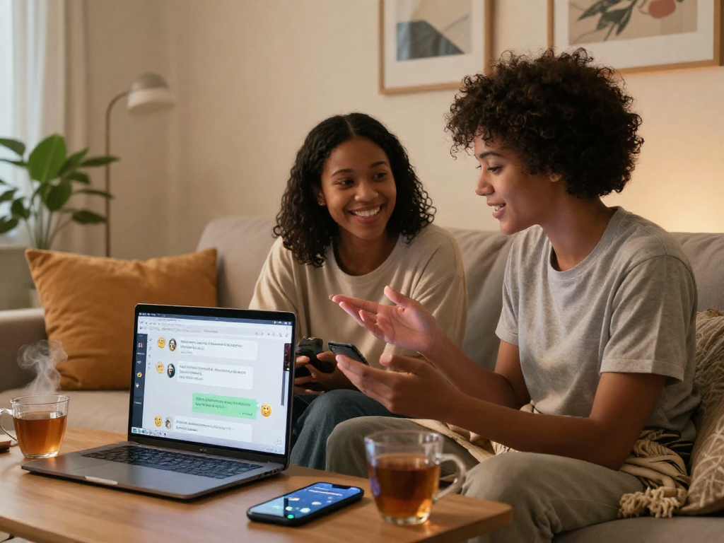 Couple enjoying an AI sex chat in a cozy room, laptops open, intimate atmosphere.