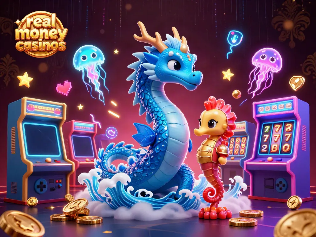 Experience real money casinos with an azure water dragon hero and vibrant gaming elements in a lively 3D scene.