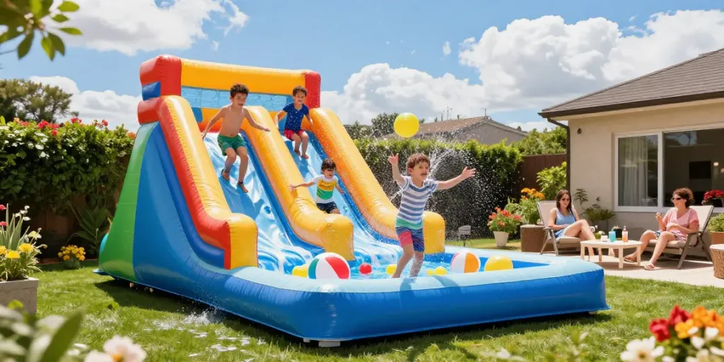Children having fun on a colourful water slide in a sunny backyard.