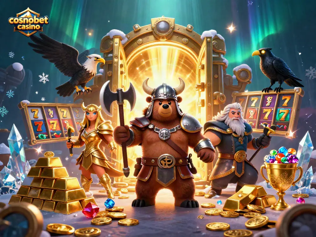 Explore the vibrant cosmobet casino with Viking bear, Valkyrie, treasures, and slot reels.