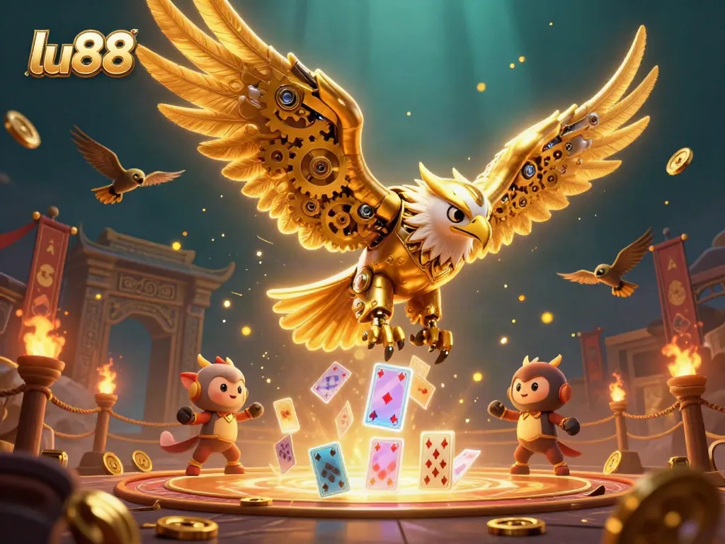 Bet on excitement with lu88's vibrant 3D casino scene showcasing a golden eagle amid swirling holographic cards.