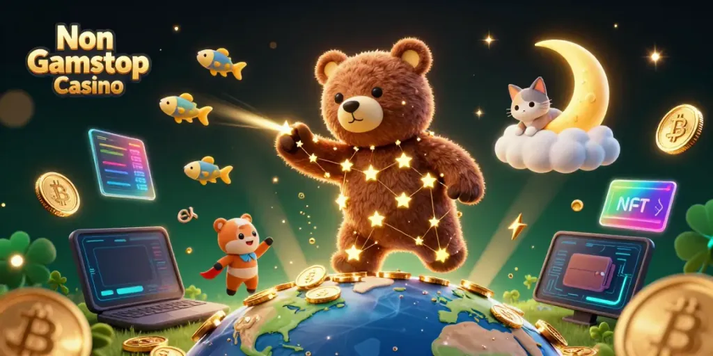 Engage with Non Gamstop Casino illustrated by a constellation bear and crypto coins in a dynamic scene.
