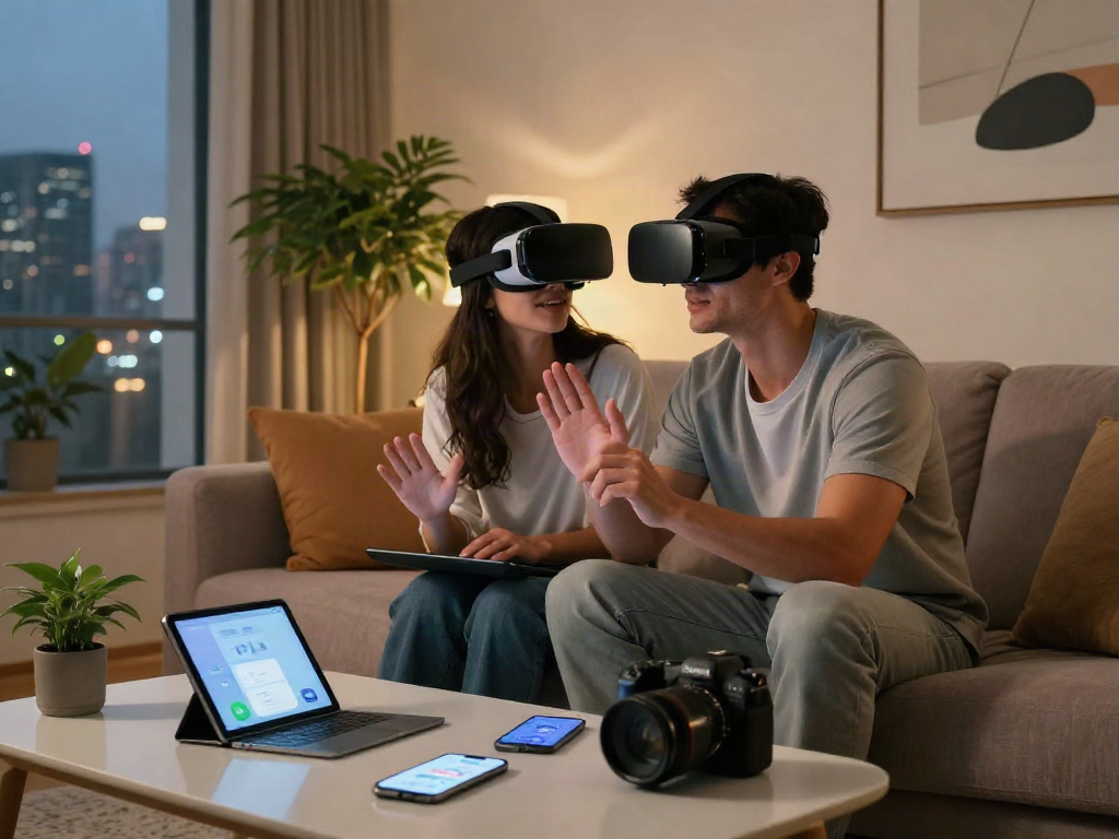 Exploring ai sex technology in an intimate living room setting with a couple using VR headsets.