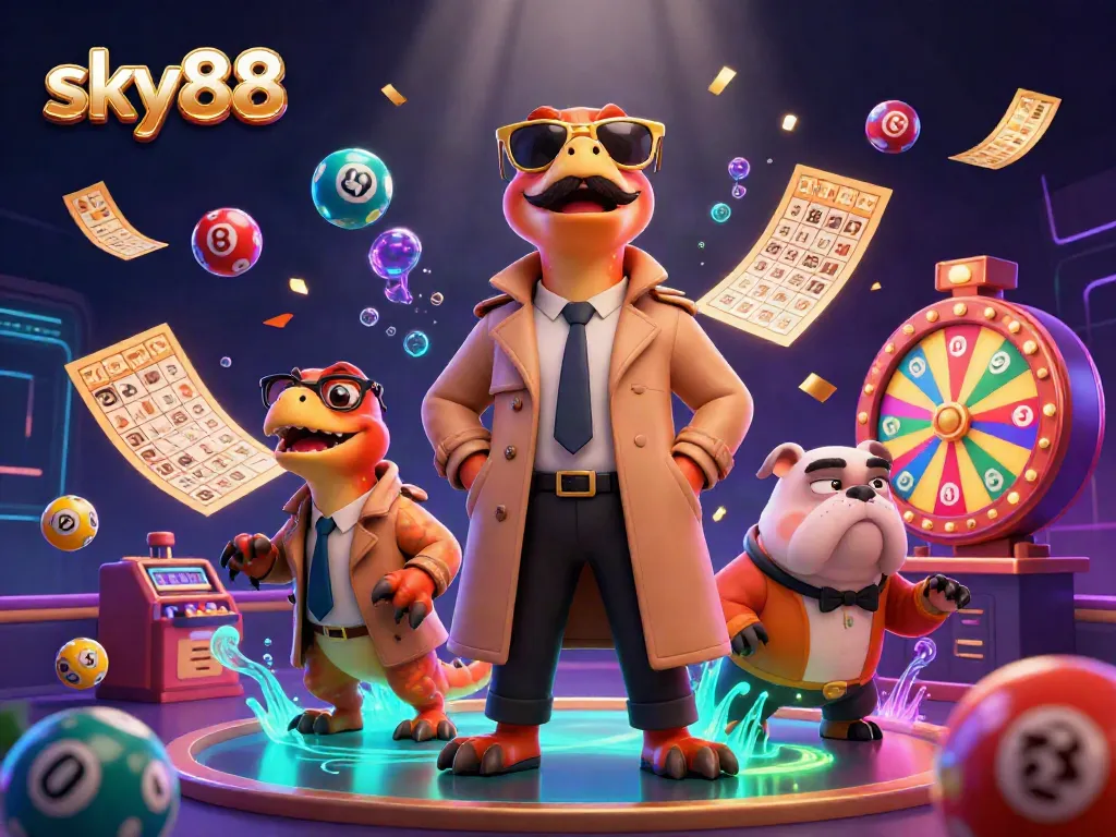 Engage with thrilling casino fun at sky88 featuring raptors in a trench coat and dynamic game elements.