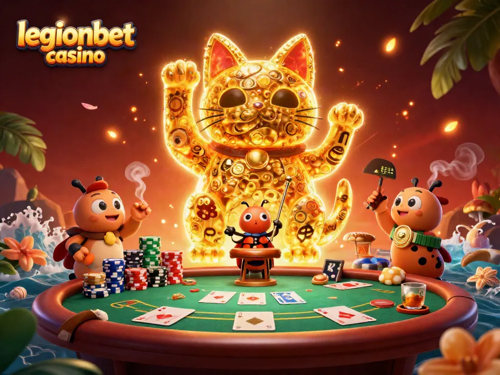 Engage with legionbet casino's vibrant 3D illustration featuring a lucky cat and poker elements.