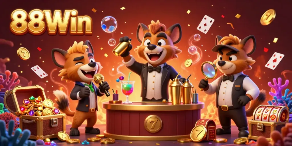 Experience the vibrancy of 88Win with hyena characters in a lively casino scene featuring laughter, drinks, and excitement.