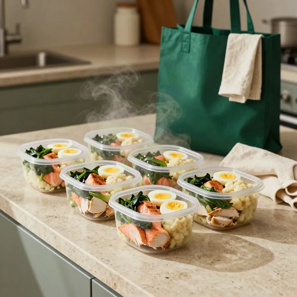 Seven keto meal-prep tubs beside a green tote in a pale stone kitchen