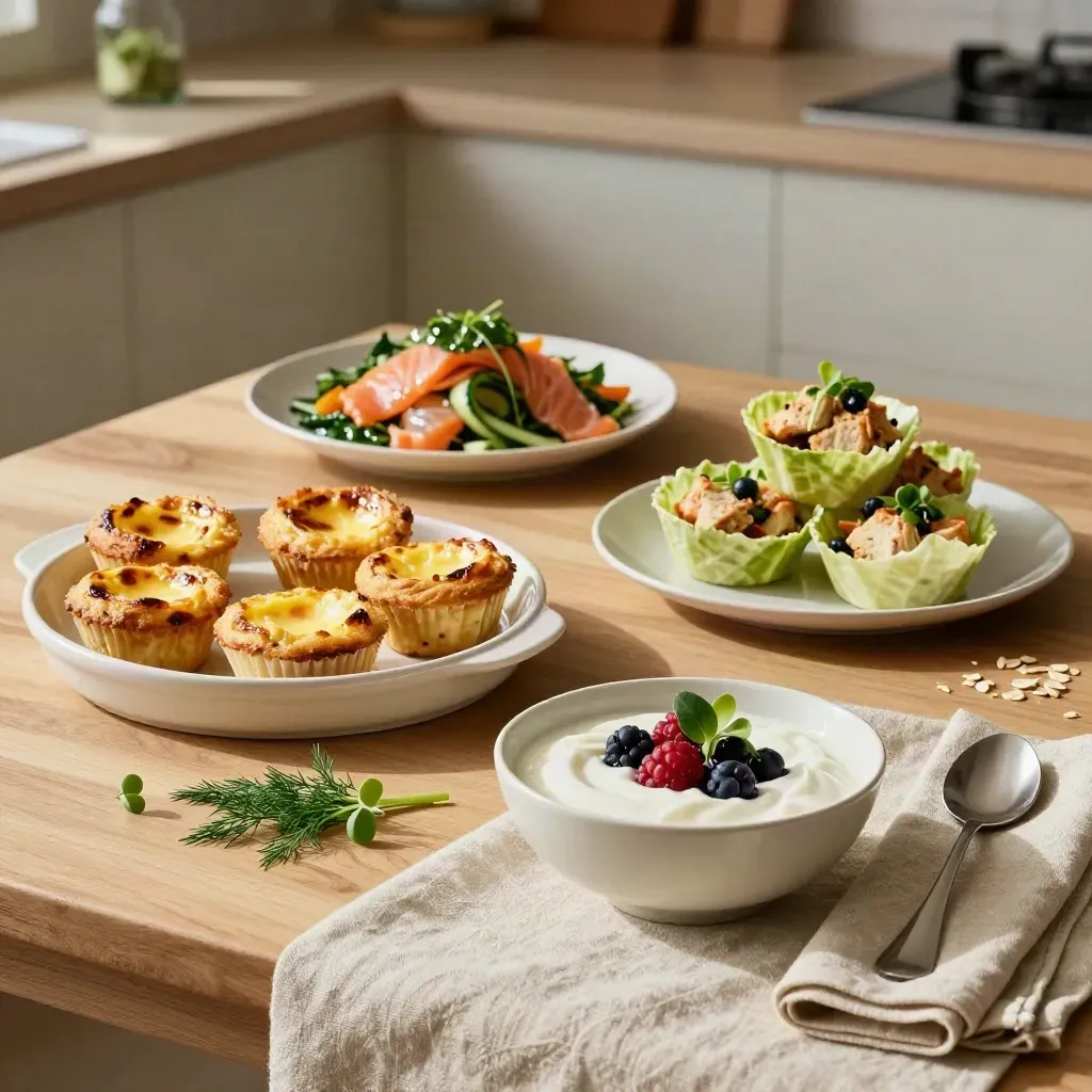 Four keto meal plates on a pale oak table: egg muffins, salmon salad, chicken lettuce cups, berry yoghurt.