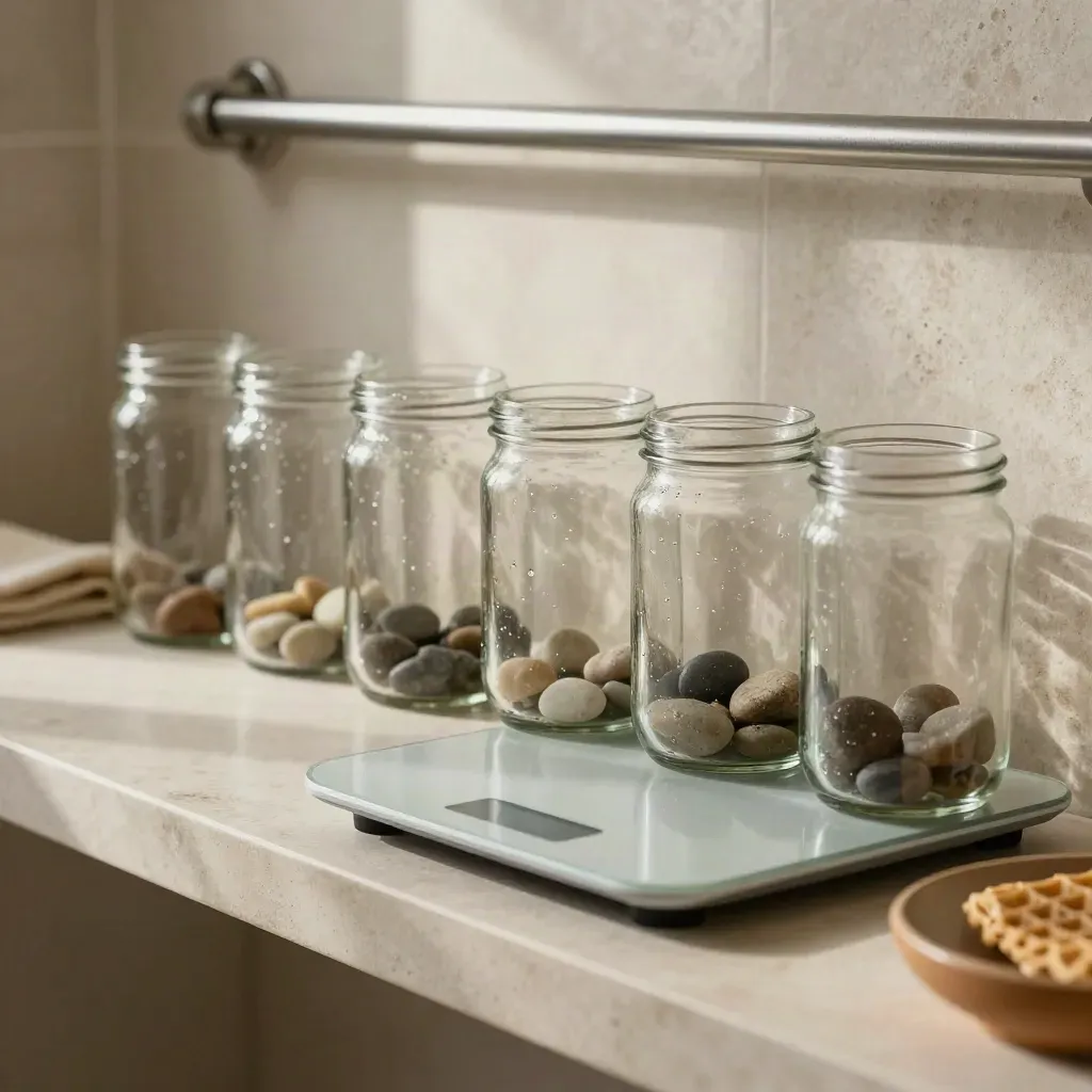 Five clear jars and a turned-away smart scale on a cream bathroom shelf in soft morning light.