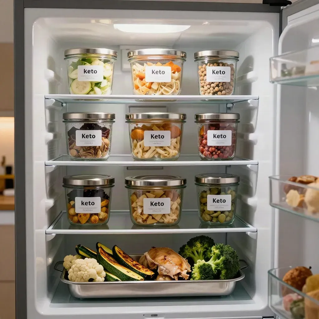 Open fridge with keto meal tubs, sealed snack jars and roast vegetables ready for the week.