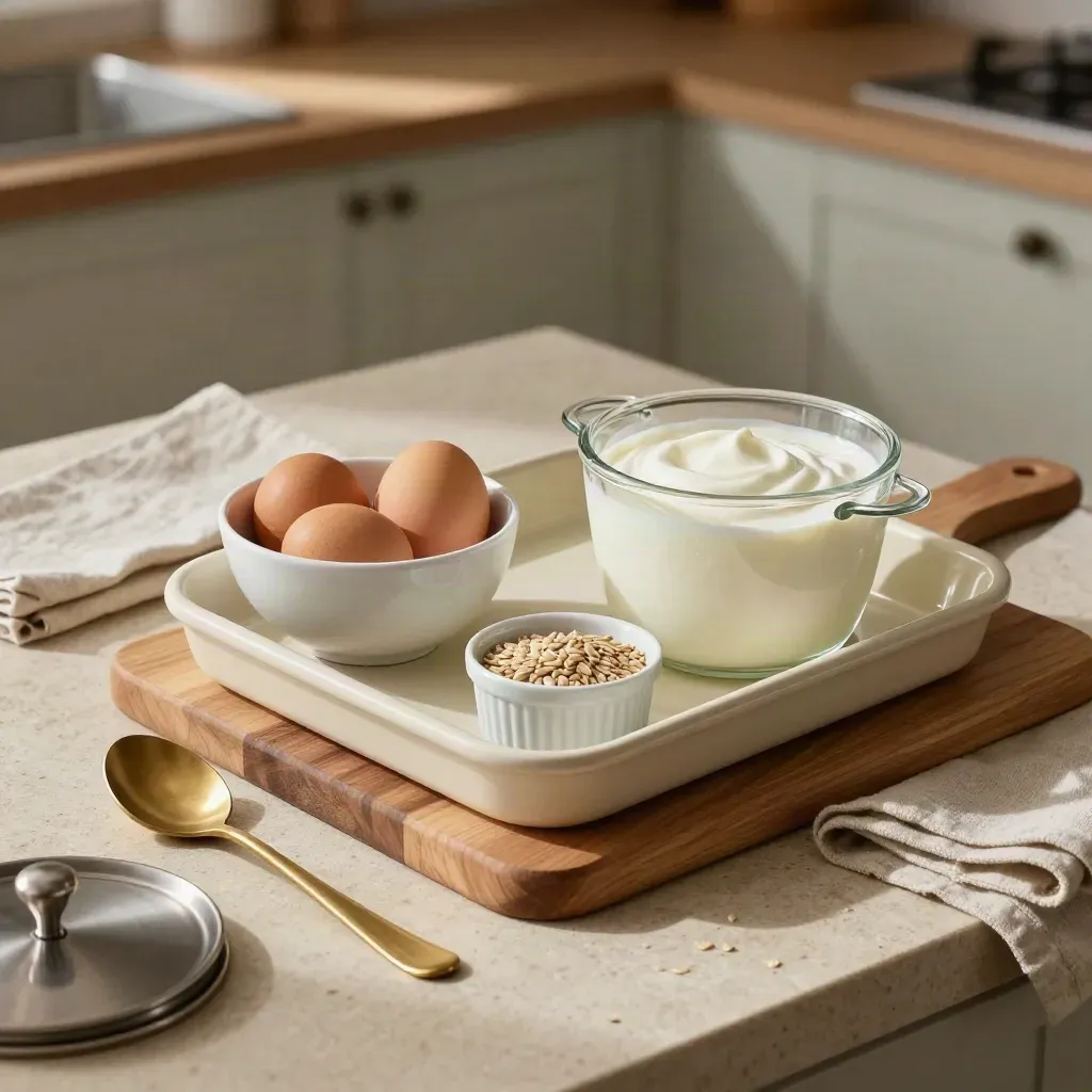 Overhead kitchen prep with eggs, yoghurt, seeds and a covered tray in soft morning light