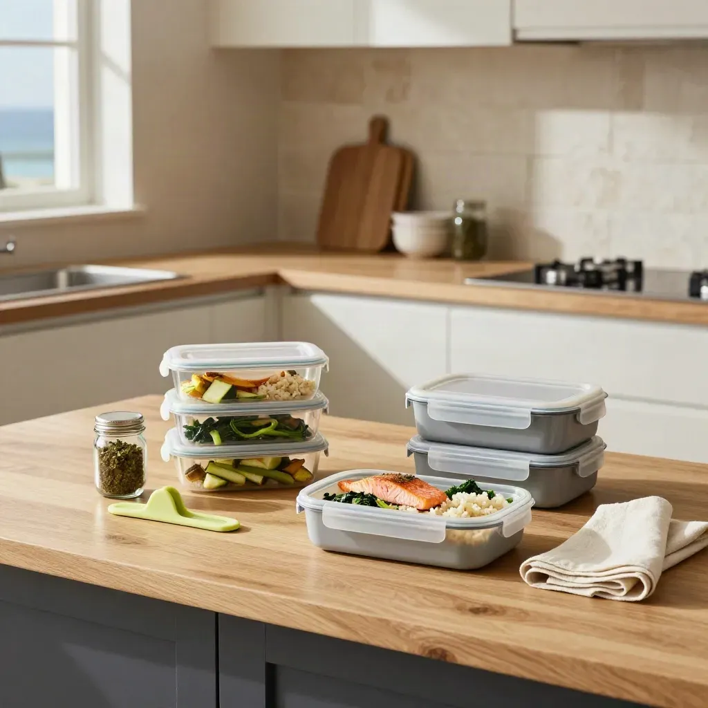 Open meal-prep totes and duplicate keto containers on a coastal kitchen island