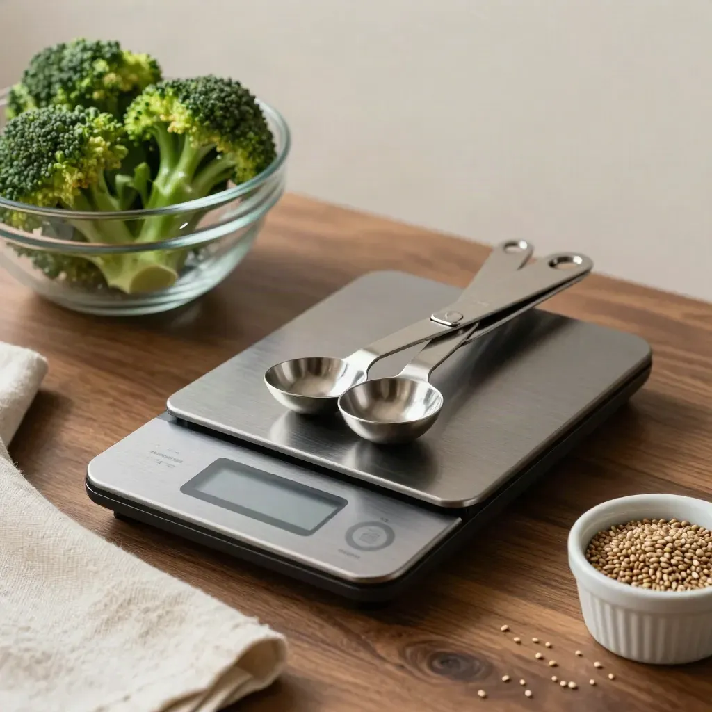 Broccoli florets in a clear bowl beside measuring spoons and a kitchen scale.