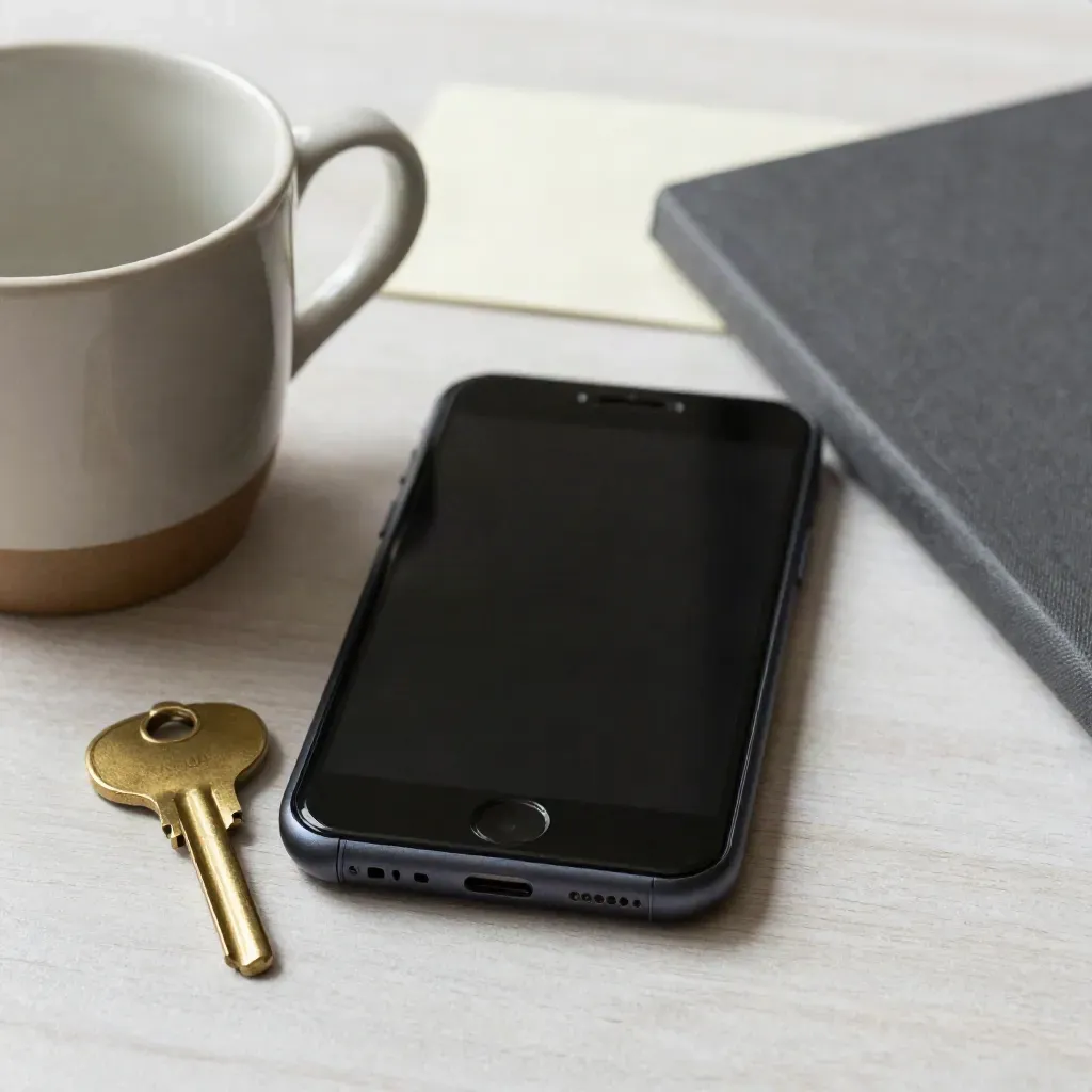 Face-down smartphone, brass key, steaming stoneware mug and closed notebook on pale wood