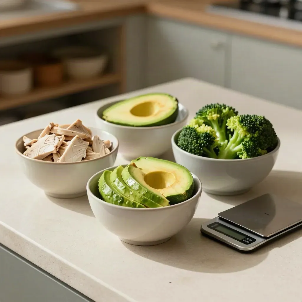 Three bowls of chicken, avocado and broccoli beside a small scale on a pale stone counter.