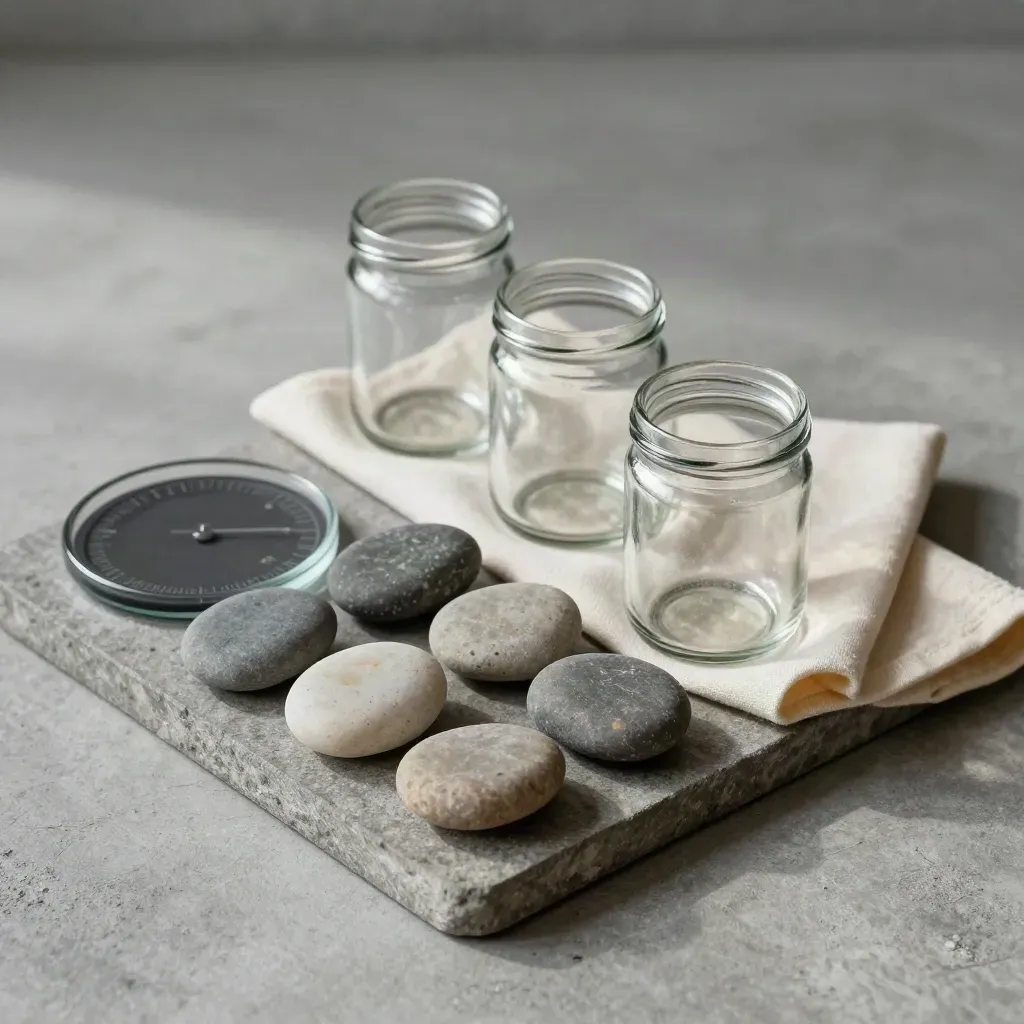 Stone tray with seven smooth stones, a turned-off scale, and rising empty glass jars.