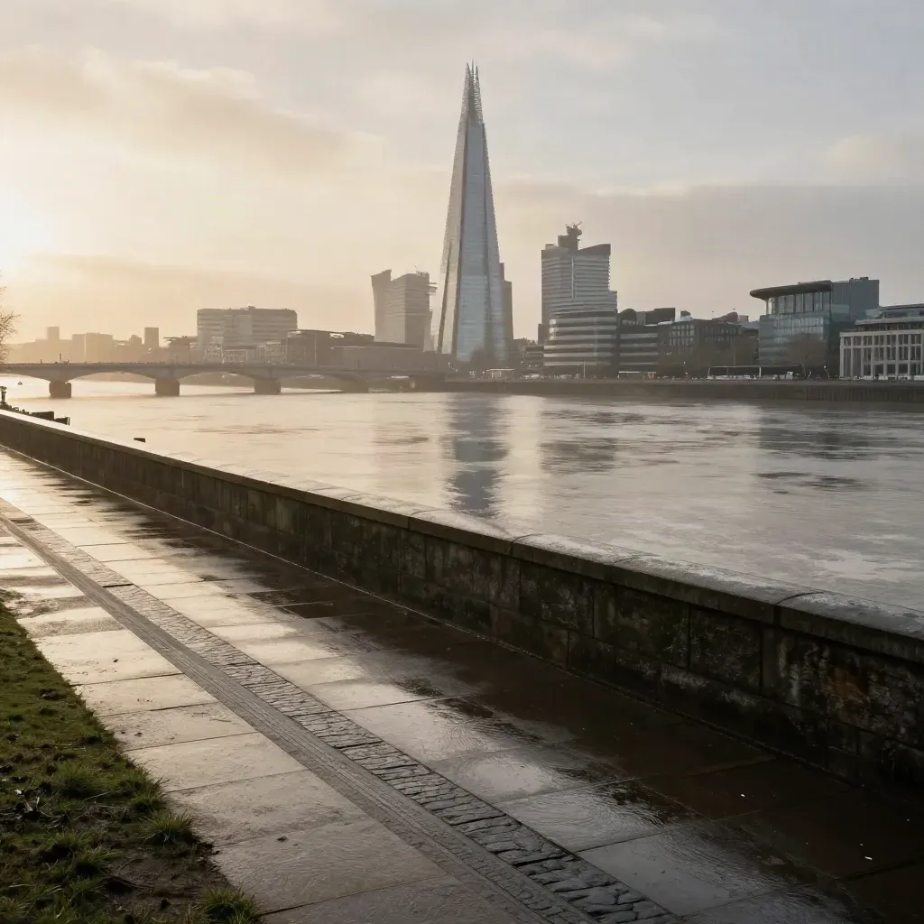 Thames skyline with the Shard and bridges above a calm wet embankment in golden haze