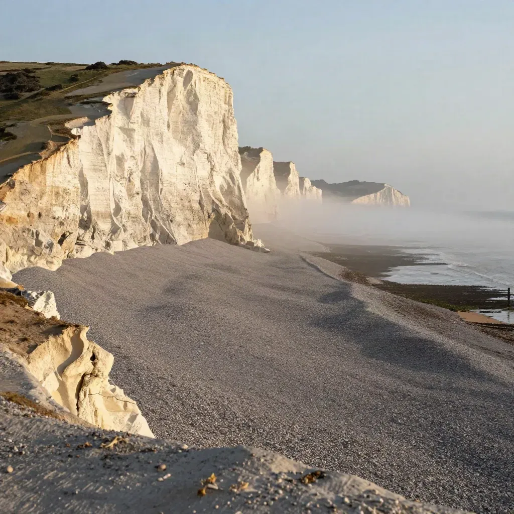 Golden-hour Brighton chalk cliffs and shingle beach in sea mist with a high horizon.