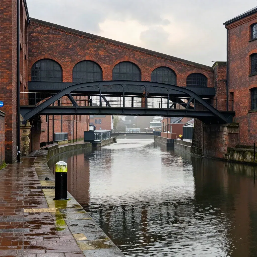 Rain-darkened Birmingham canal quarter with steel footbridges above a calm reflective waterway.
