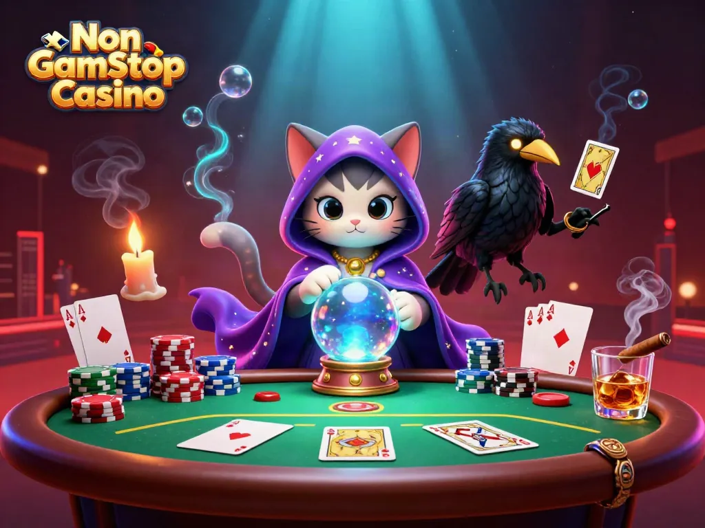 Engage with a lively scene of Non Gamstop Casino characters showcasing poker action and mystical elements.