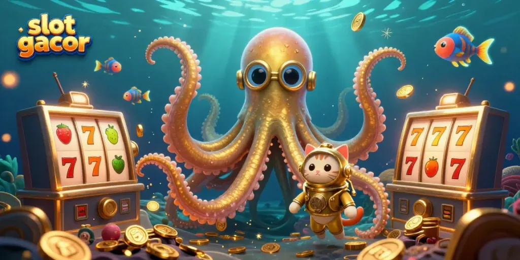 Engage in slot gacor excitement with a kraken, diving cat, and vibrant slot machine reels.