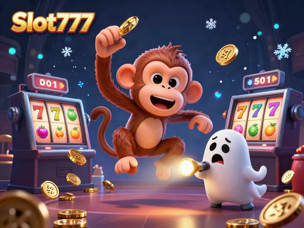 Experience the thrill of Slot777 with a poltergeist monkey amidst a vibrant casino scene.