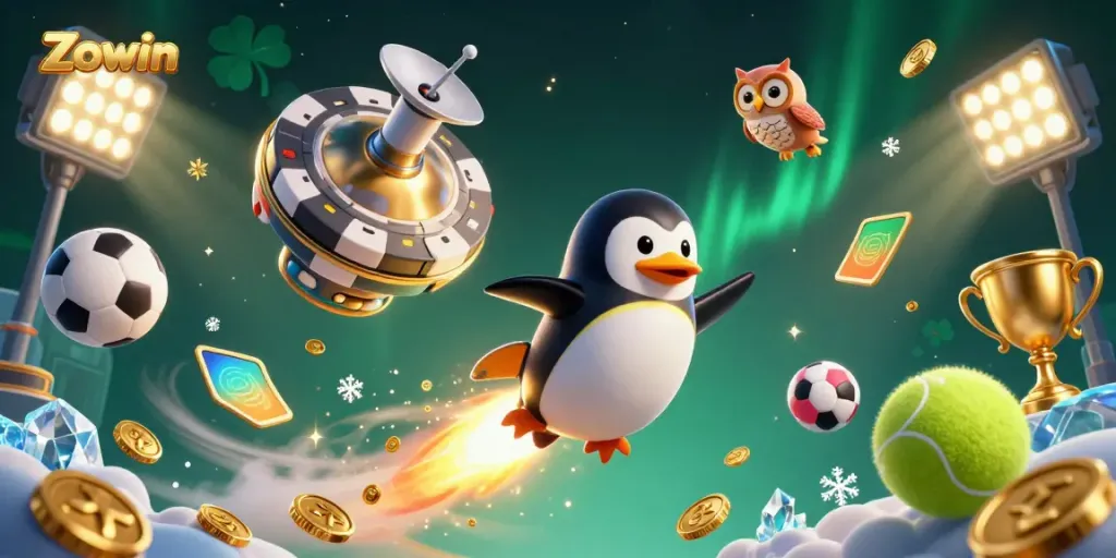 Zowin penguin sports adventure through a cosmic casino world filled with excitement and winning potential.