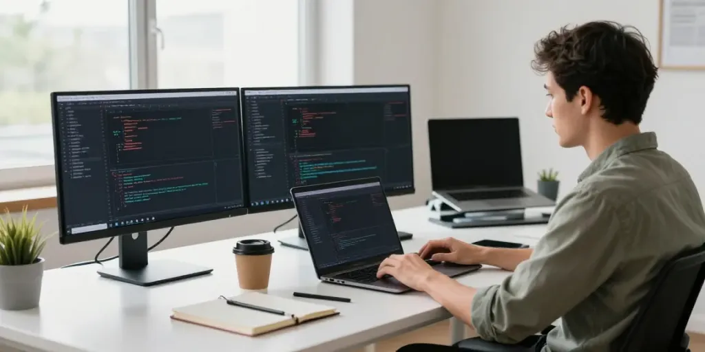 Developer utilizing instant indexing tools in a modern workspace with multiple screens.