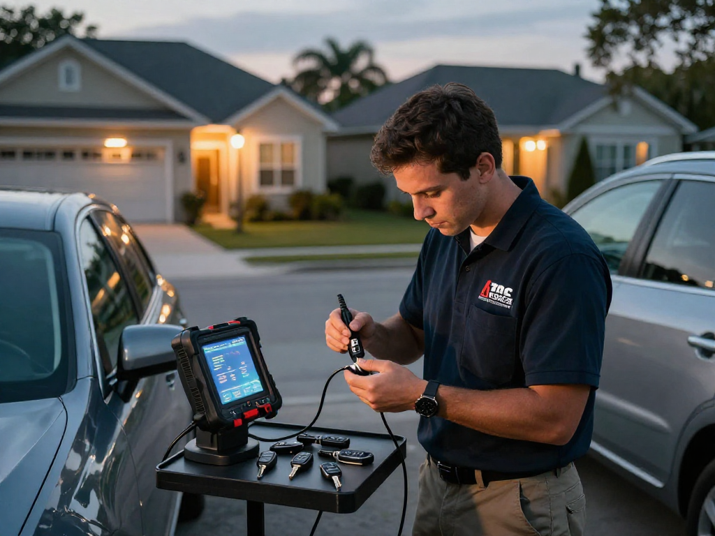 Key fob programming Port St. Lucie with a mobile locksmith in a residential driveway demonstrating expert skills.