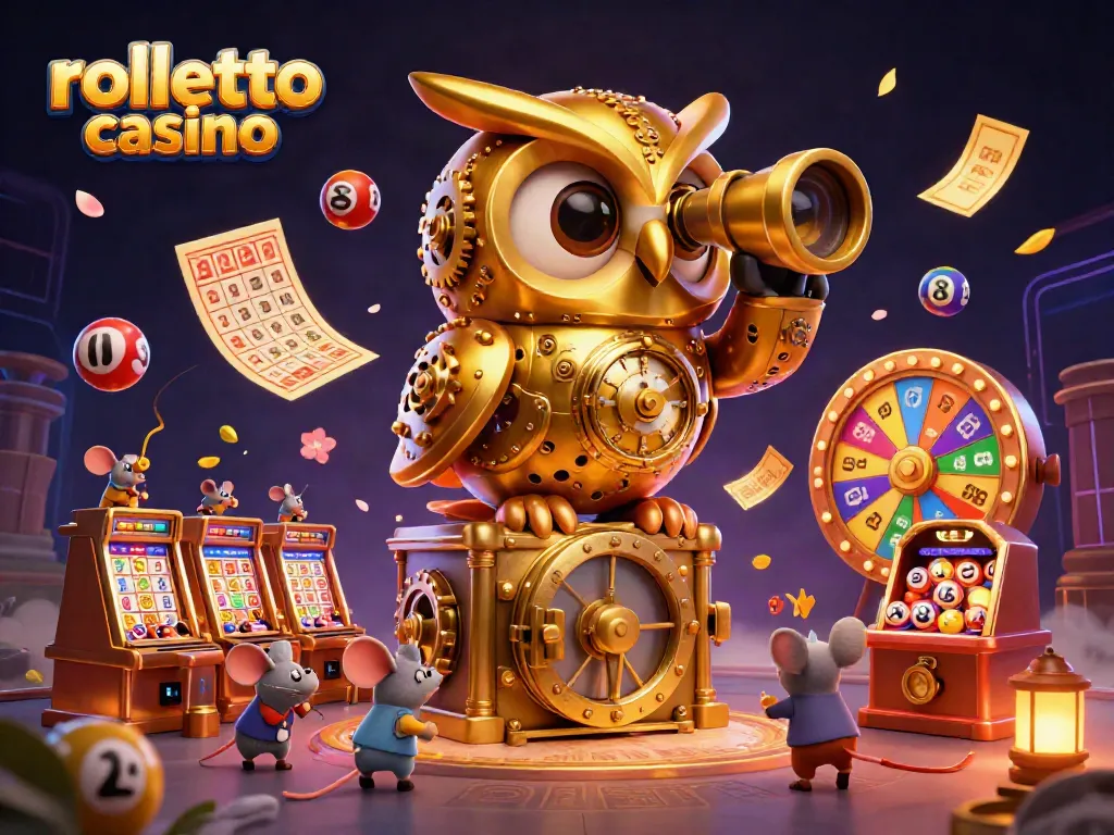 Engage with rolletto casino's vibrant and dynamic gaming scene featuring a golden owl and lively elements.