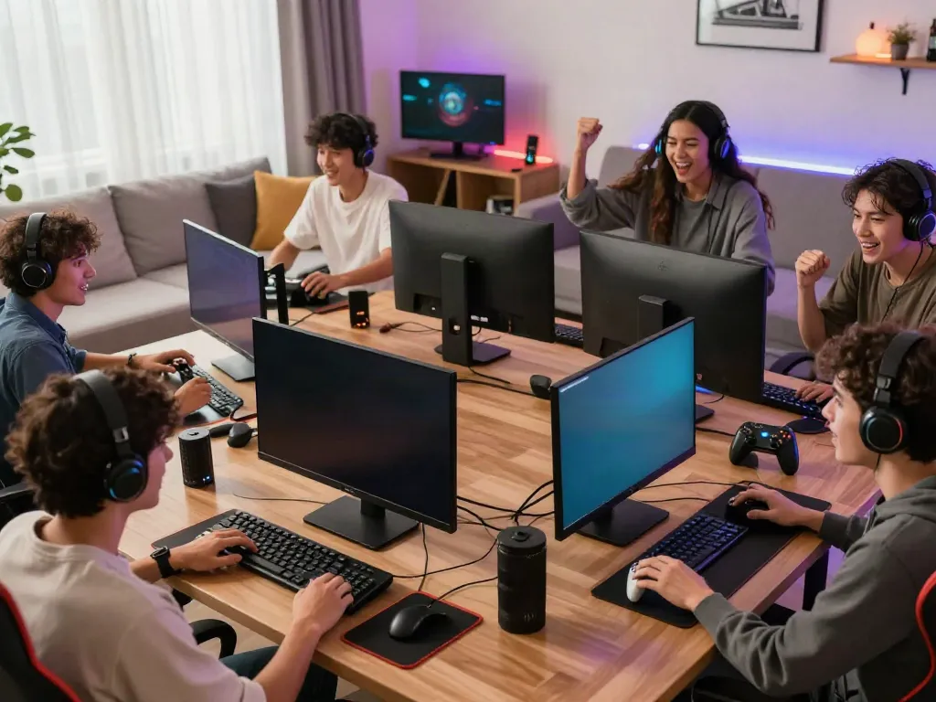 Engaged players enjoying the dynamic online gaming experience at http://debet-onl.com, showcasing vibrant home setups and expressions of excitement.