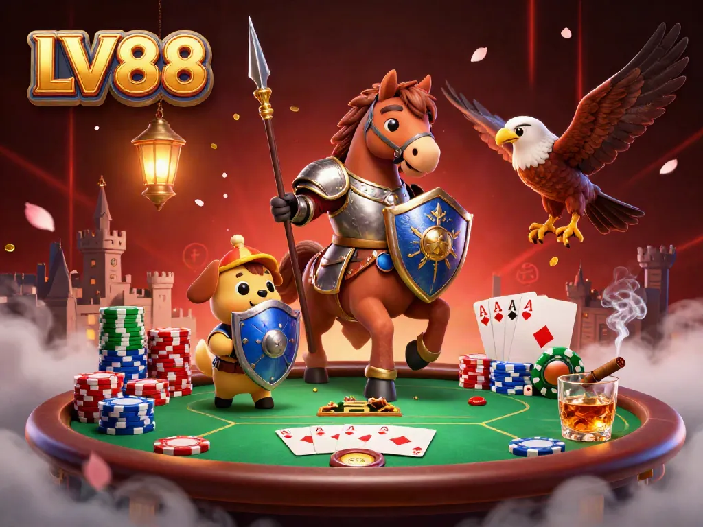 Engage in thrilling LV88 action with a medieval knight and a squire puppy at a vibrant poker table, featuring colorful chips and cards.