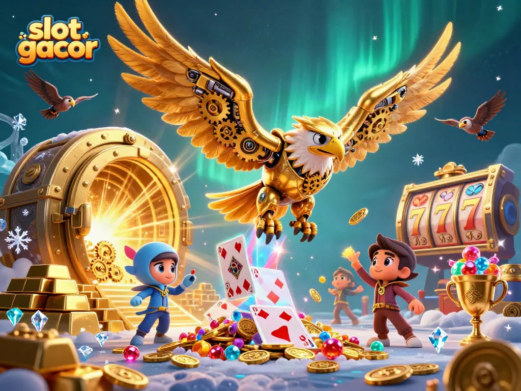Experience excitement with a 3D cartoon eagle soaring through a vivid slot gacor scene filled with treasures.