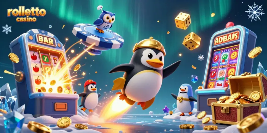 Discover the rolletto casino experience with a golden penguin and casino elements in a vibrant space
